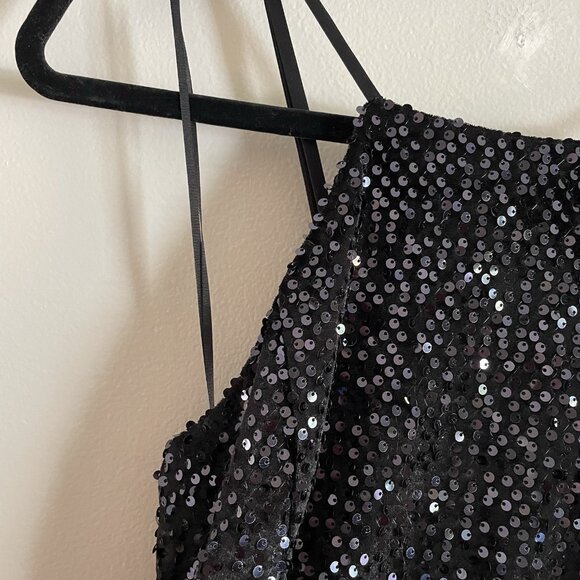 Express Women S Black Sequin Holiday Cocktail Party Open Back Halter Mini Dress - Picture 6 of 11
